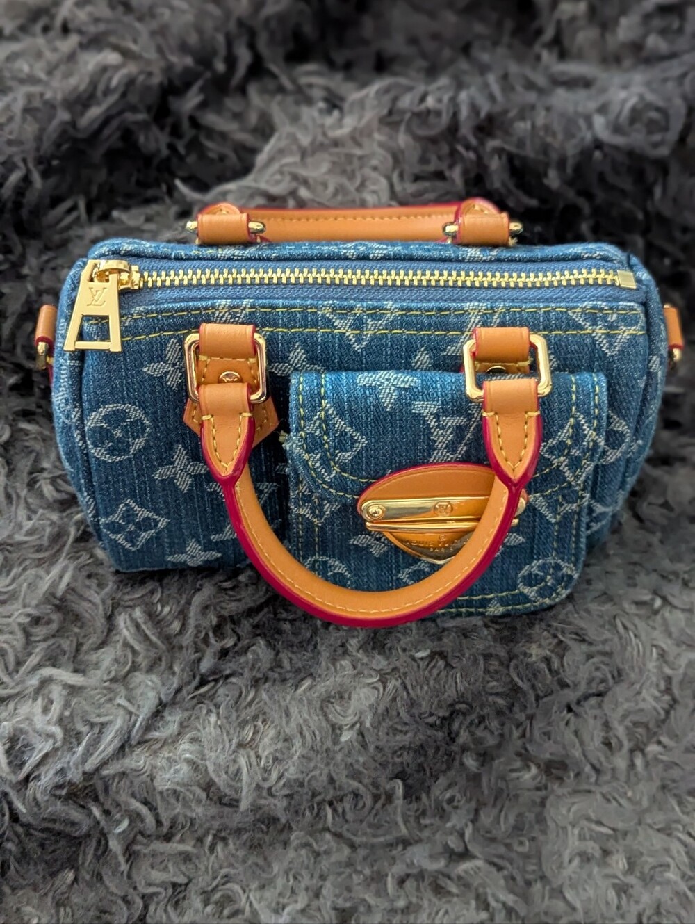 Louis Vuitton Blue Denim Mini Satchel with Tan Handles and Gold Hardware - Picture 10 of 10